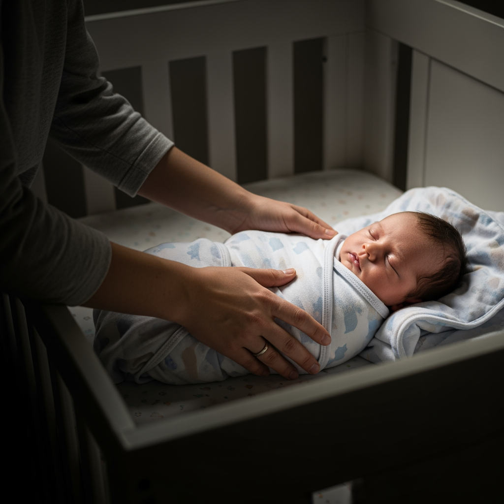 A parent's hands gently lowering a sleeping baby into a crib, illustrating a sleep association.
