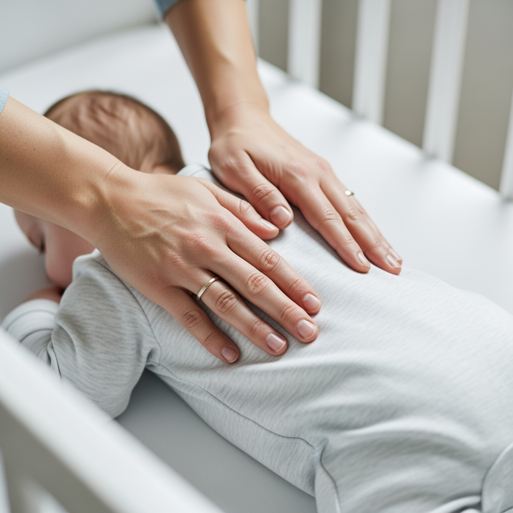 A parent's hands gently patting a baby's back to soothe them to sleep as part of a sleep plan.