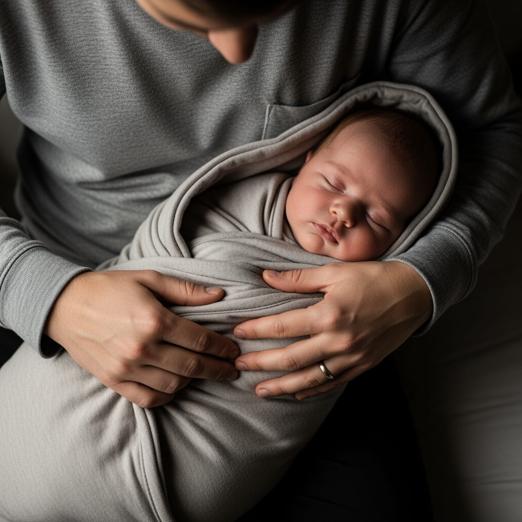 A parent's hands gently swaddling a calm baby as part of a bedtime routine.