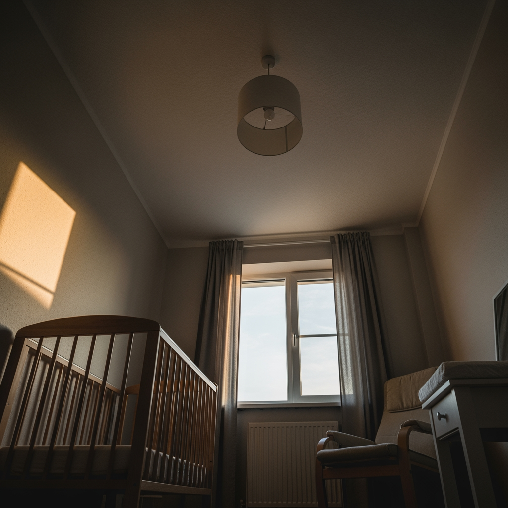 A peaceful and tidy nursery at dawn, with soft morning light streaming through a window onto an empty crib.
