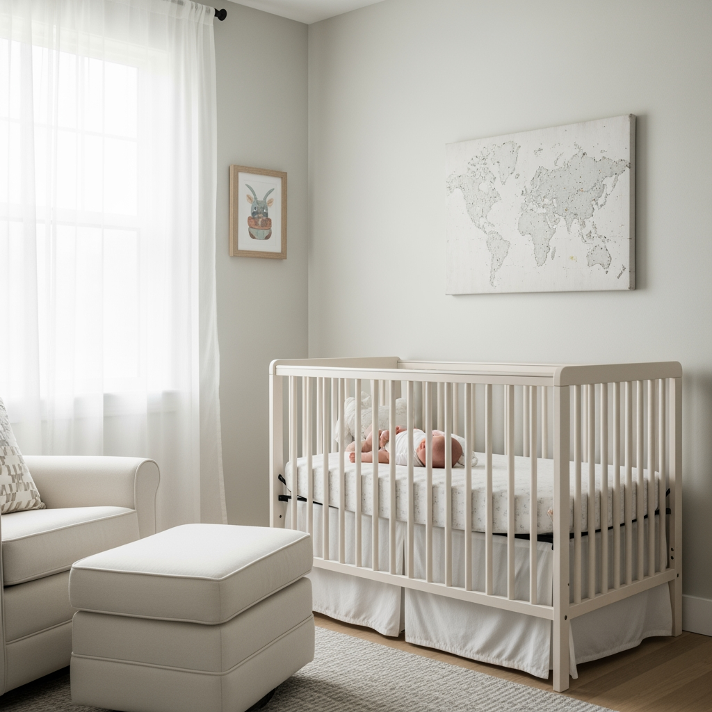A peaceful and tidy nursery with an empty crib, filled with soft morning light.