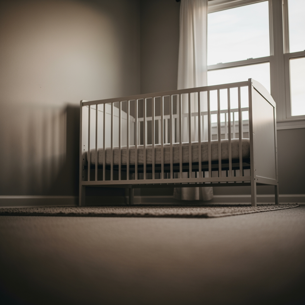 A peaceful, empty nursery at dawn, with an empty crib and soft light filtering through the window, signifying a successful night's sleep.