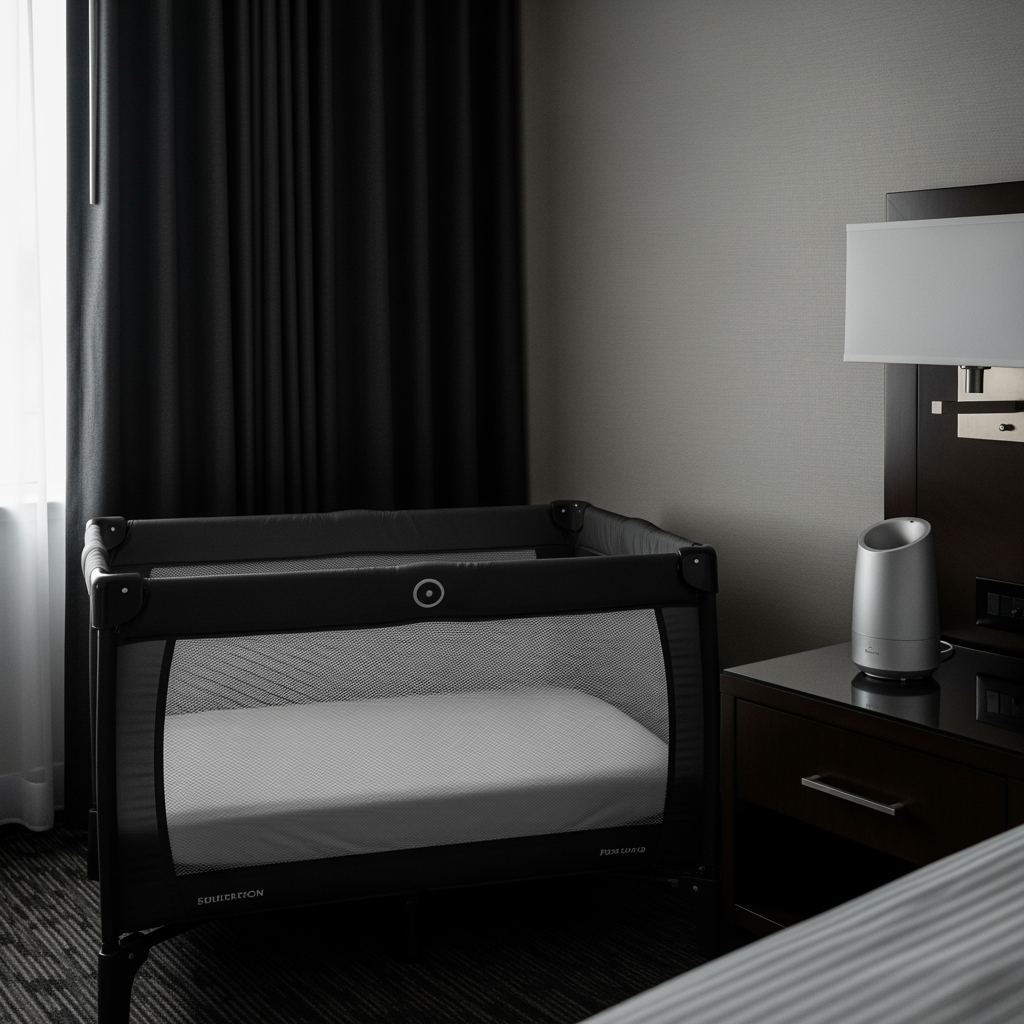 A perfectly set up hotel room corner with a travel crib, blackout curtains, and a white noise machine, creating an ideal sleep environment.