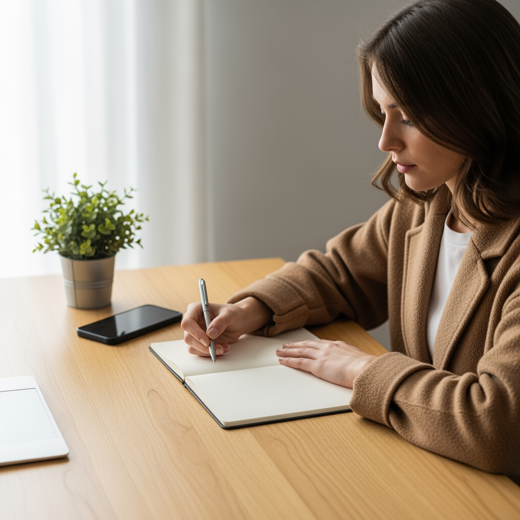A person sitting at a desk with a blank notebook, thoughtfully considering their options, representing financial planning and budgeting.