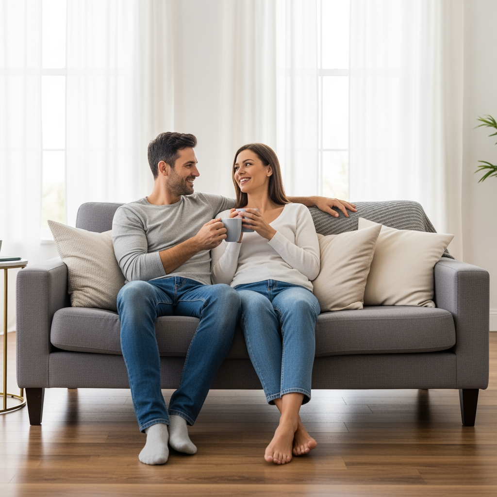 A relaxed and happy couple sits together on a sofa in a bright living room, enjoying a quiet moment together, looking well-rested.