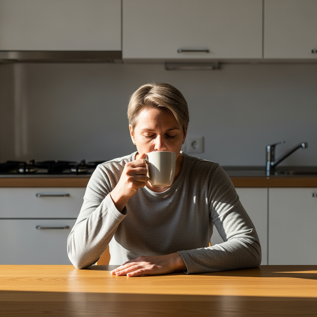 A relaxed parent enjoys a quiet cup of coffee in the morning sun, feeling well-rested.