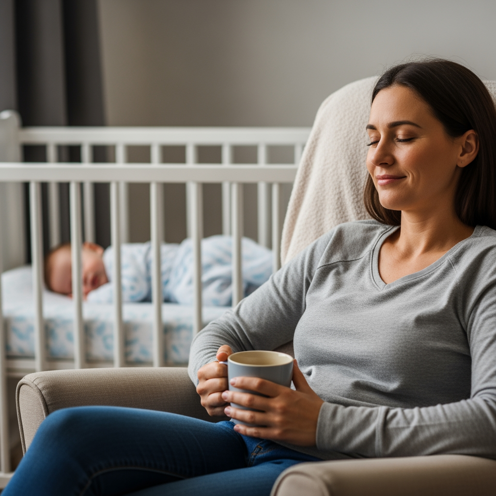 A relieved parent relaxes in a chair while their baby sleeps peacefully in the background, signifying a successful outcome.