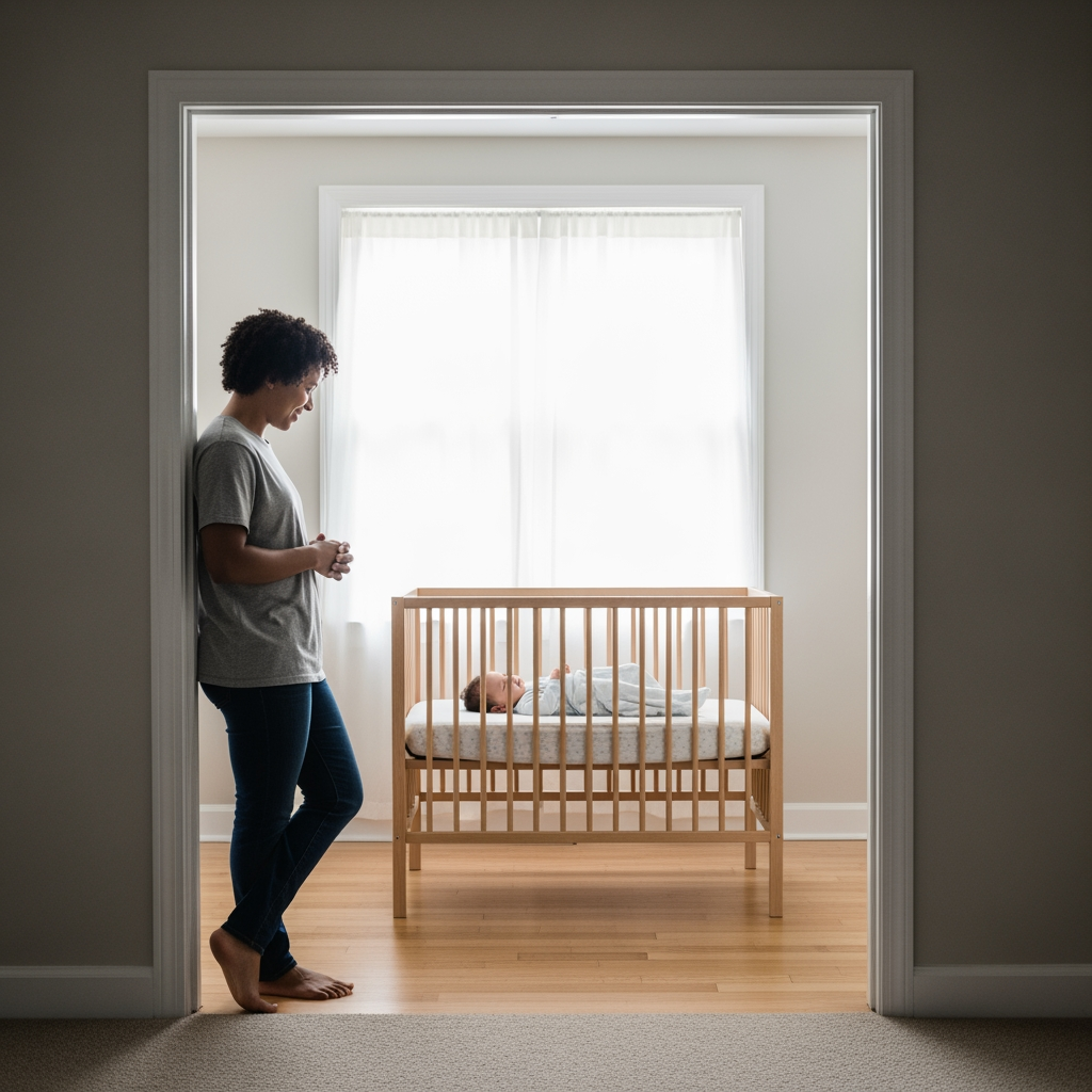 A relieved parent stands in a doorway, looking across a quiet room at their baby sleeping peacefully, representing a successful outcome.
