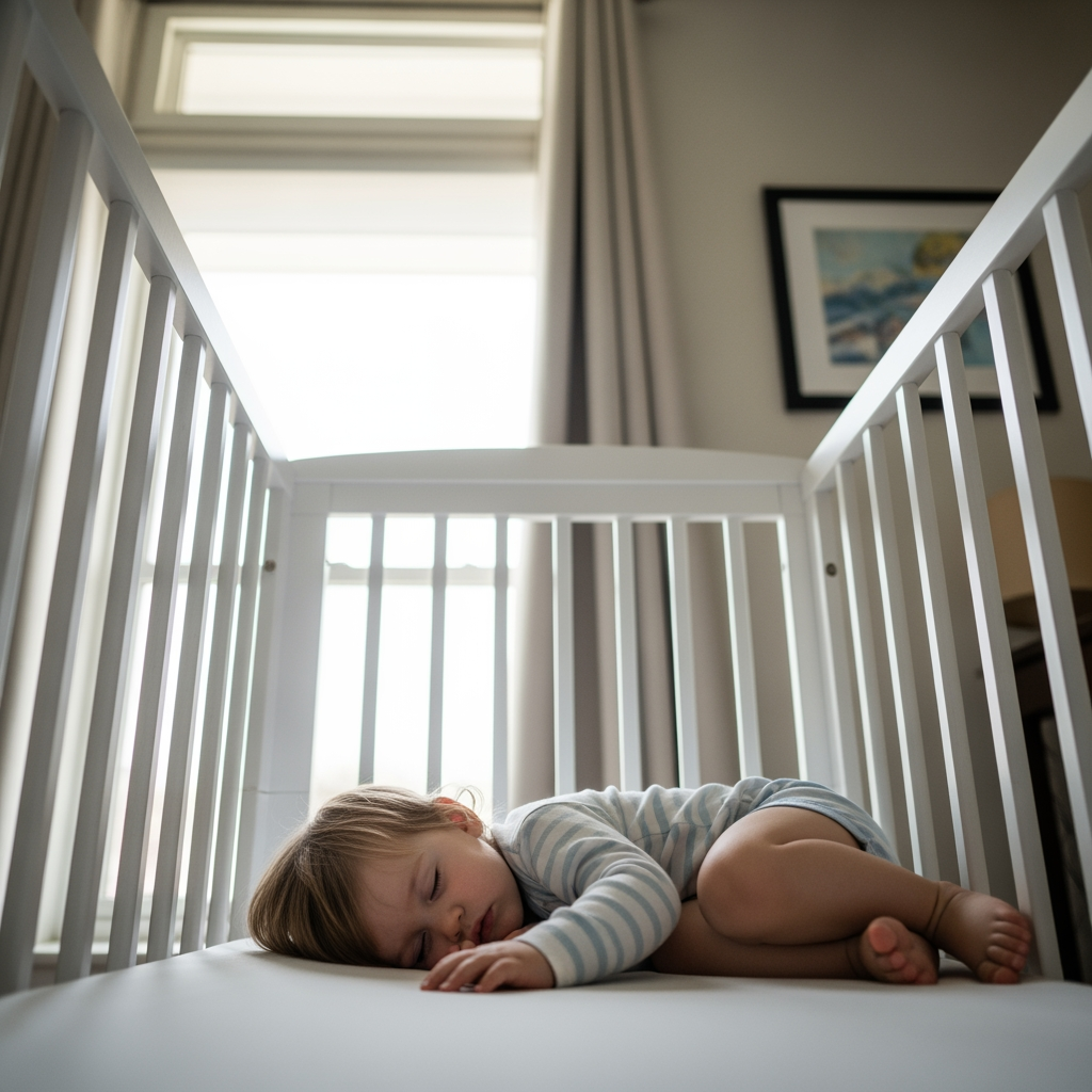 A view from the foot of a crib showing a toddler sleeping soundly during their single midday nap.