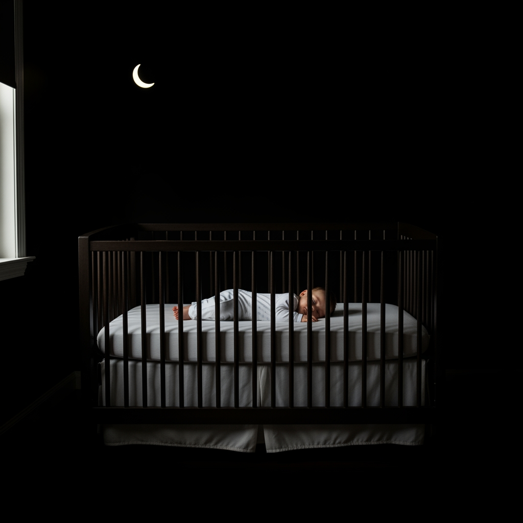 A wide shot of a baby sleeping peacefully alone in their crib in a dark room, signifying successful independent sleep.
