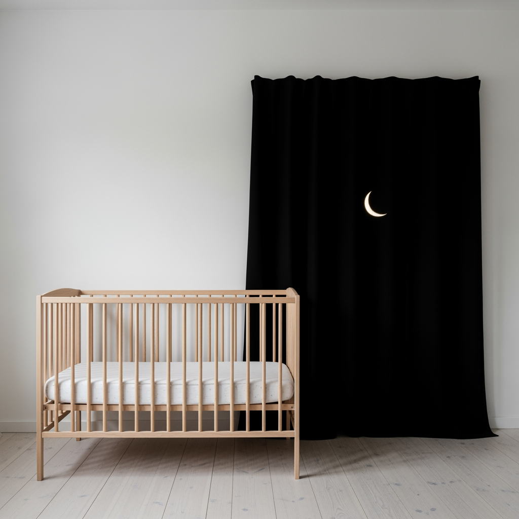 A wide view of a calm, dark, and tidy nursery optimized for a baby's sleep.