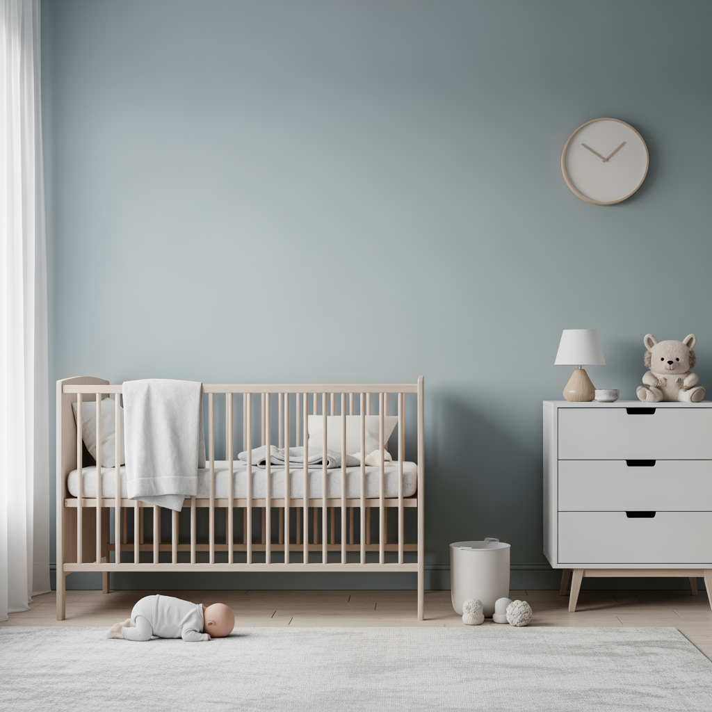 A wide view of a calm, organized, and dimly lit nursery, ready for a baby's nap.