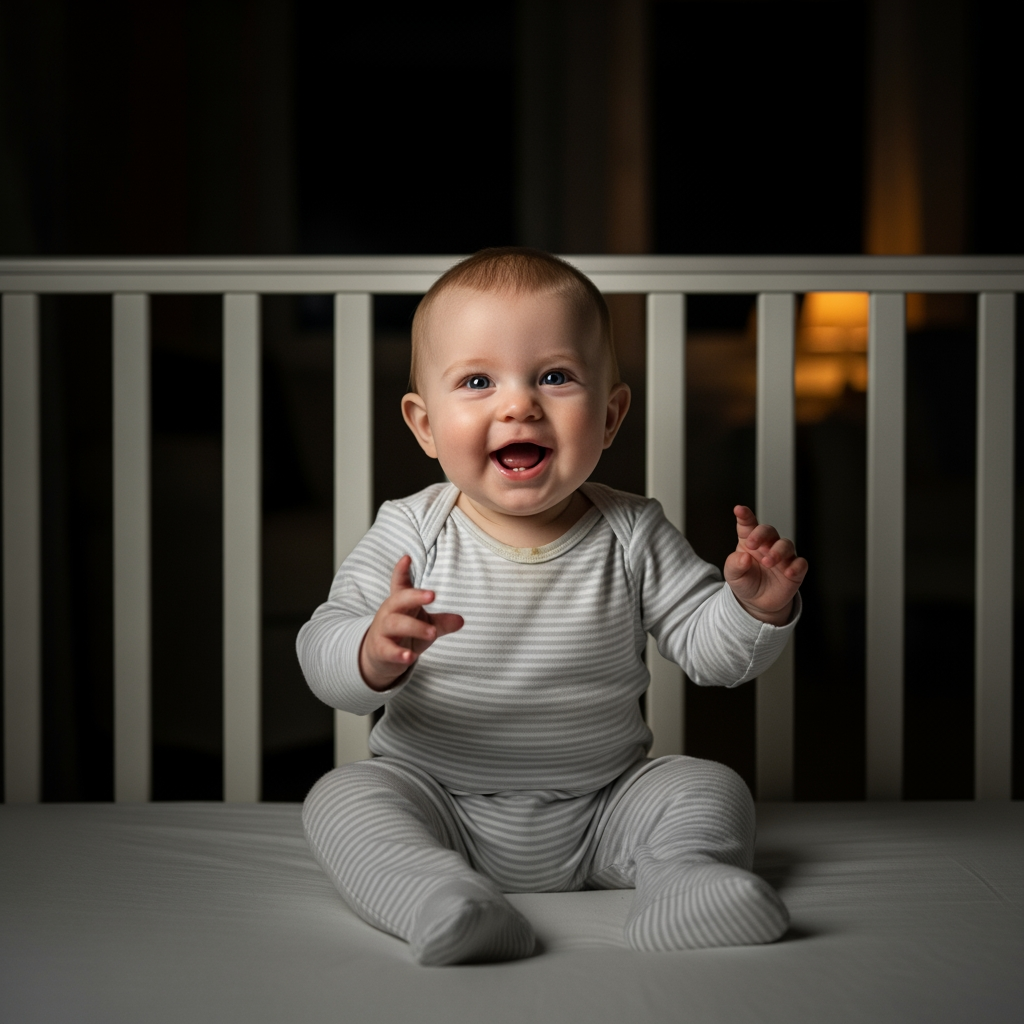 An alert and happy baby sits up in their crib, wide awake in the middle of the night.