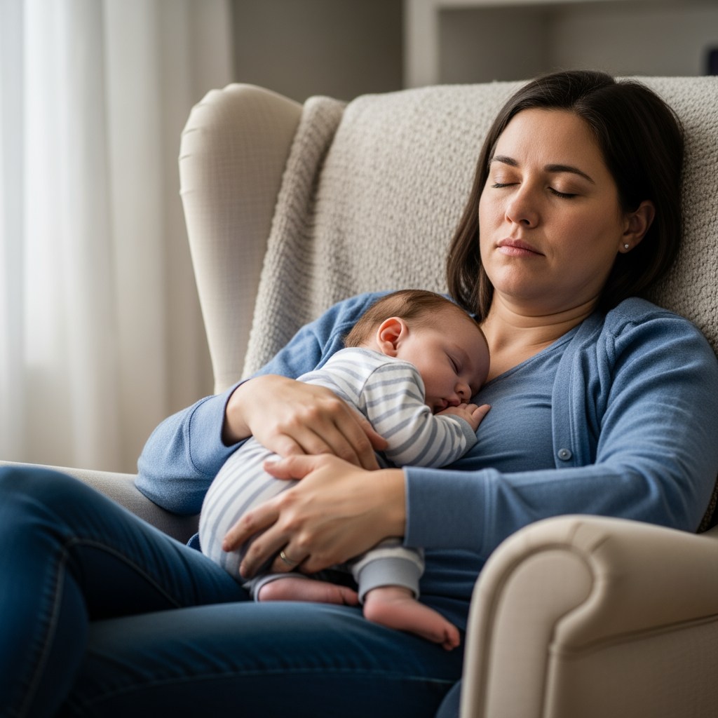 An exhausted parent sits in a chair with their eyes closed, holding a sleeping baby on their chest for a contact nap.