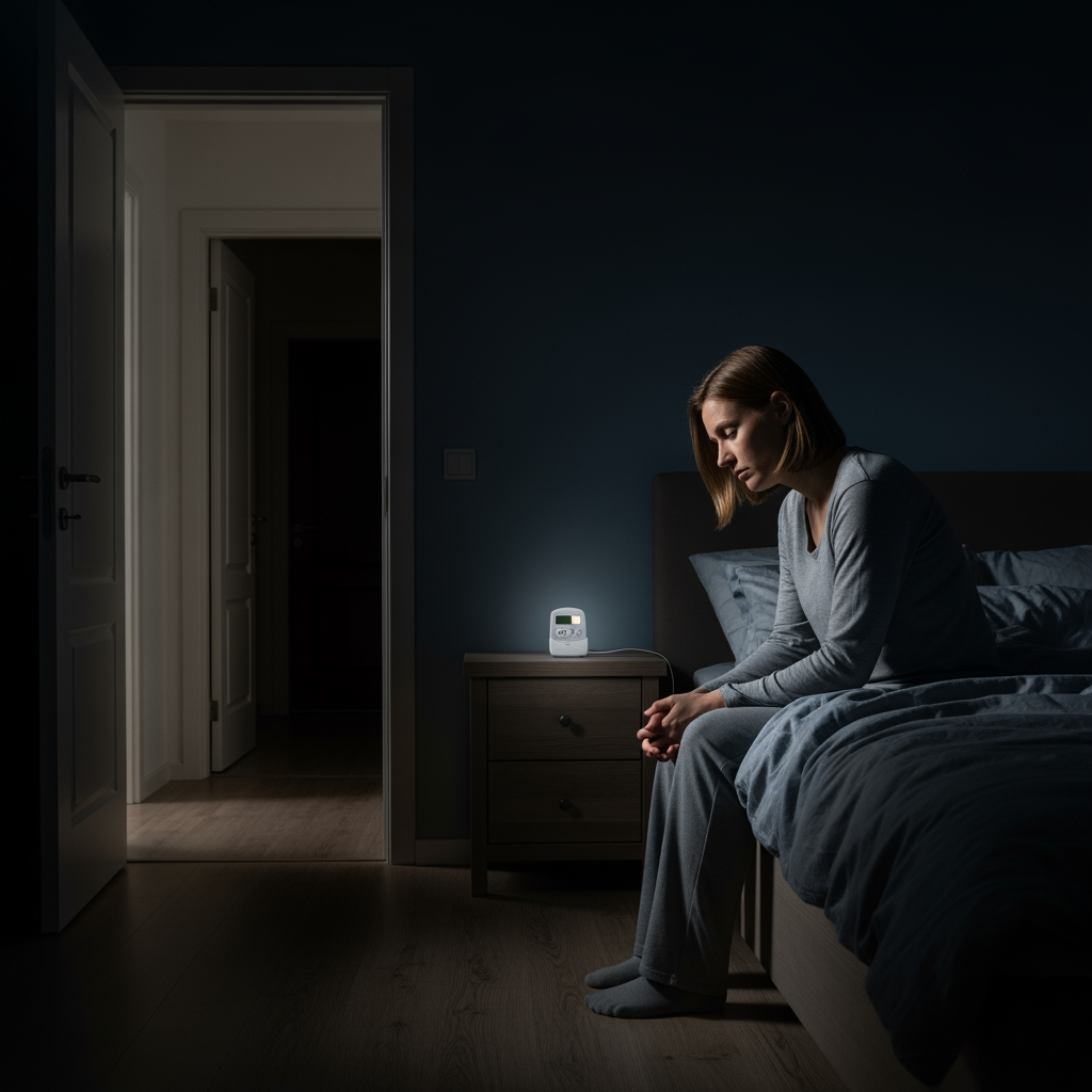 An exhausted parent sits on the edge of a bed in a dark room, looking weary from lack of sleep.
