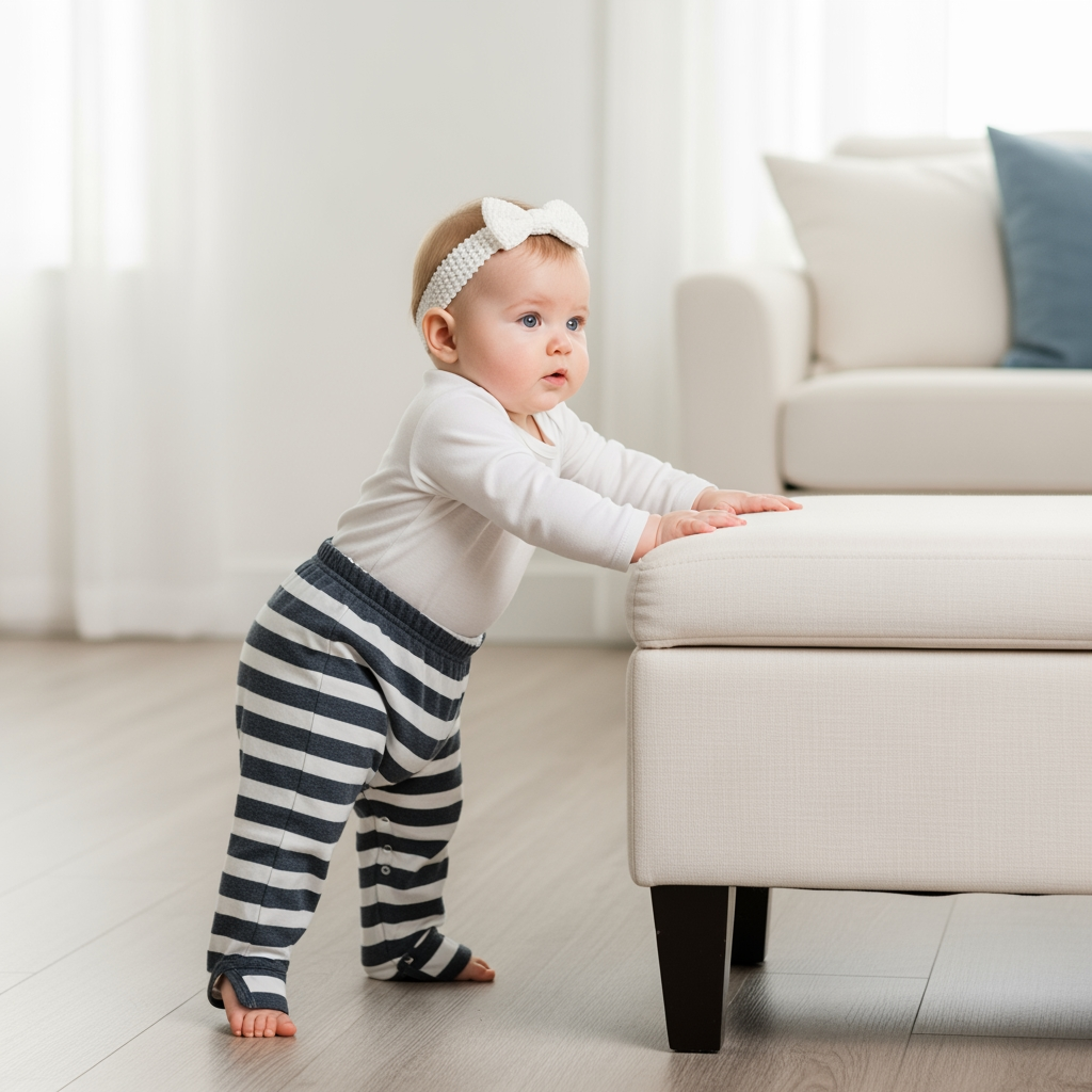 An eye-level shot of a determined 10-month-old baby pulling themselves up to stand, representing a developmental leap.