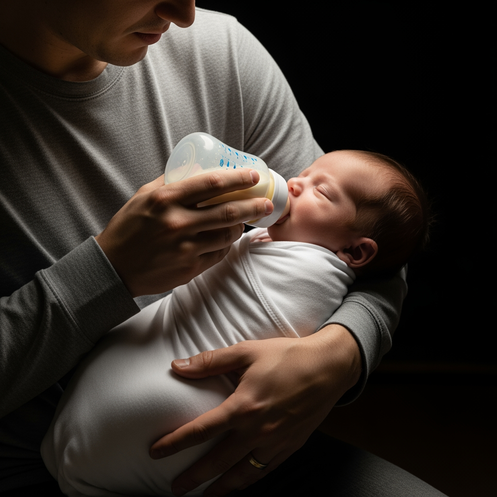 An eye-level view of a parent gently giving a dream feed with a bottle to their swaddled, sleeping baby in a dimly lit room.