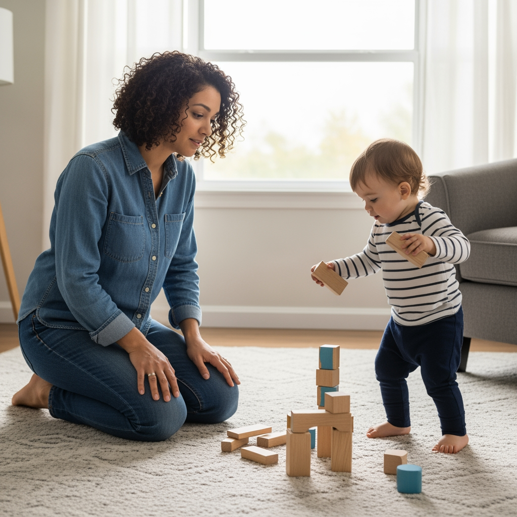 An eye-level view of a parent thoughtfully observing their toddler playing with blocks in a sunlit living room during the day.