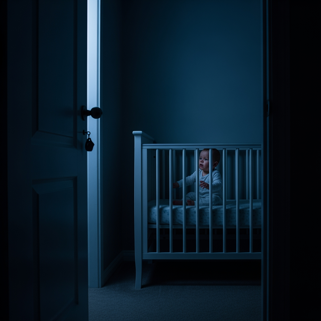 An infant is sitting up awake and restless in their crib in the middle of a dark night.