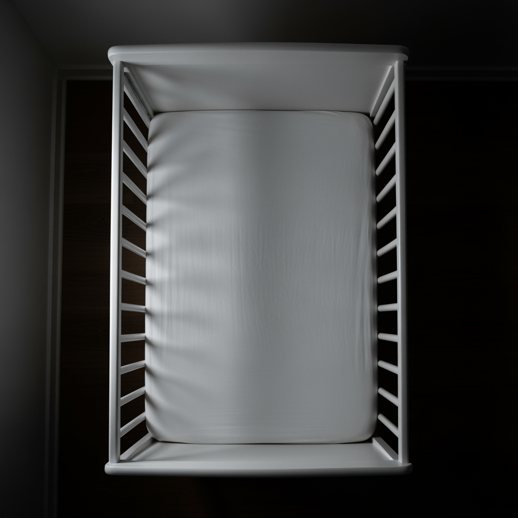 An overhead, bird's-eye view of an empty crib with a taut fitted sheet in a dimly lit room, prepared for a nap.