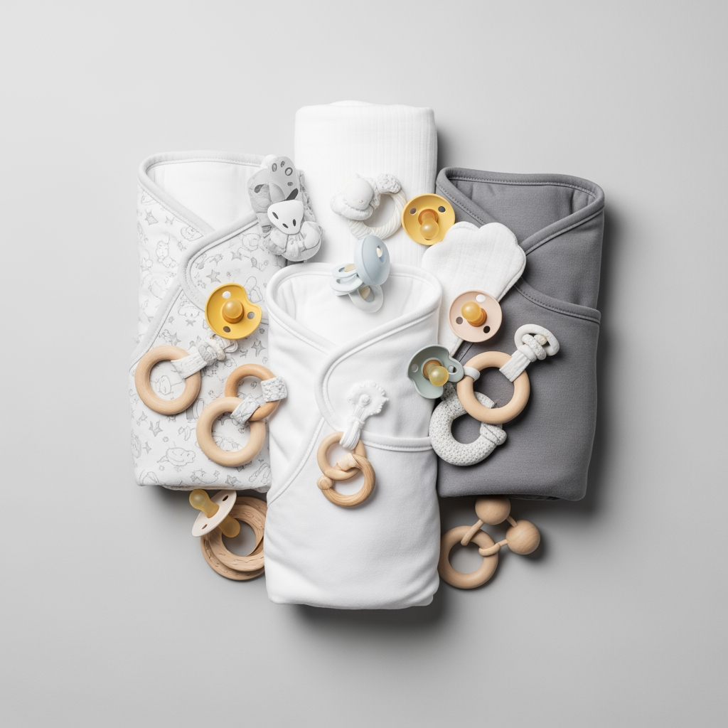 An overhead shot of a disorganized pile of different baby swaddles and pacifiers, representing the overwhelming number of choices parents face.