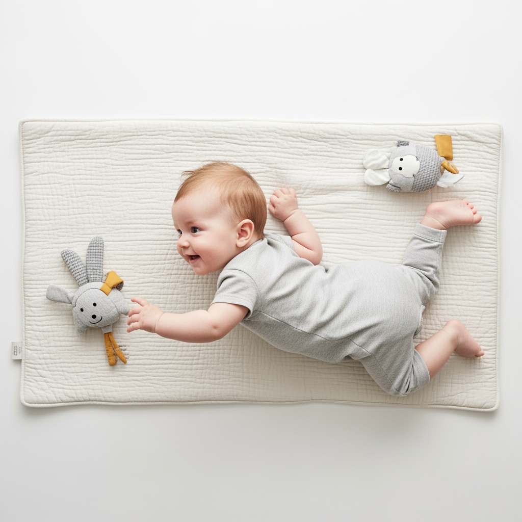 An overhead view of a baby doing tummy time on a playmat, looking alert and ready to move, illustrating a developmental milestone.