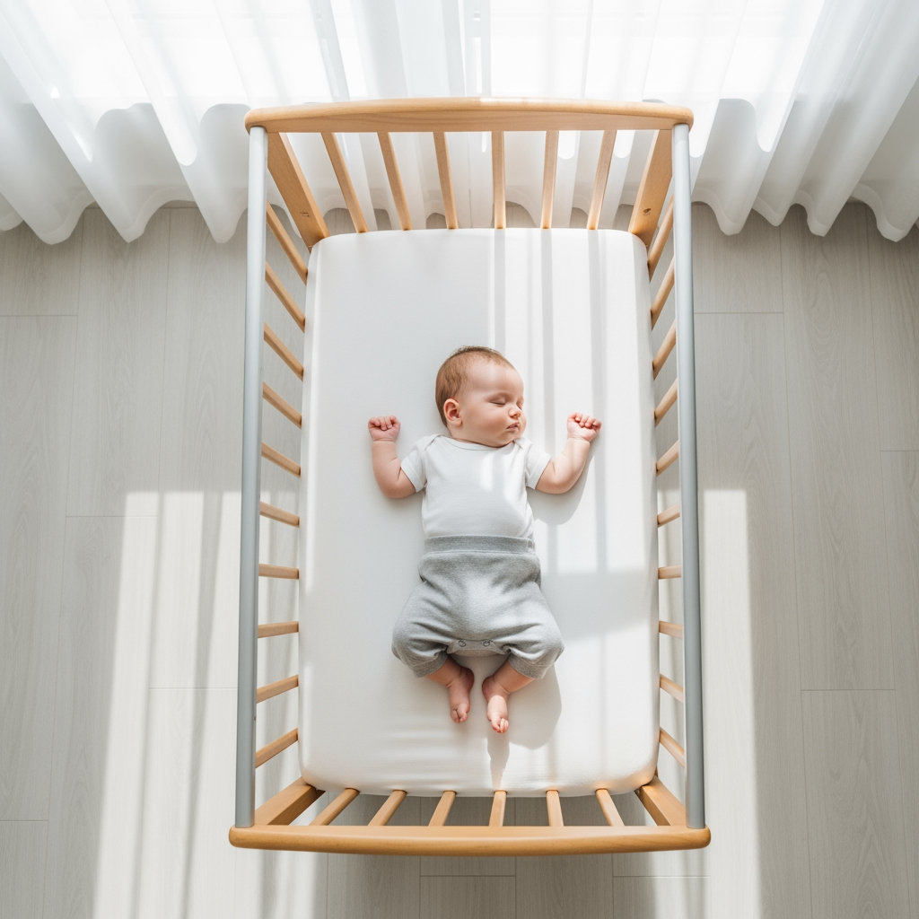 An overhead view of a baby napping peacefully in their crib during the day in a brightly lit room.