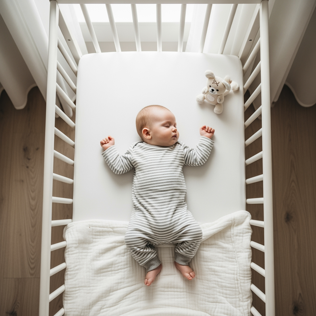 An overhead view of a baby sleeping peacefully in a crib during the day, showing a successful nap.