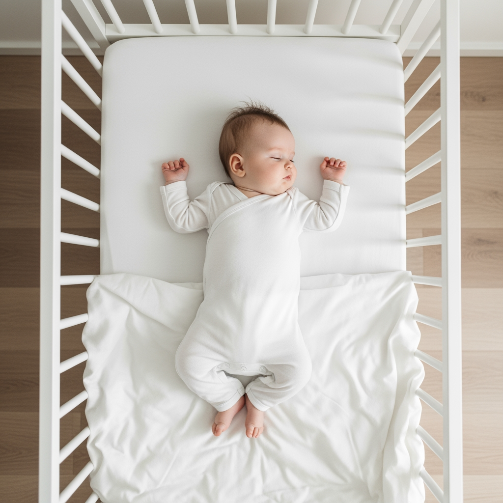 An overhead view of a baby sleeping peacefully on its back in a crib.