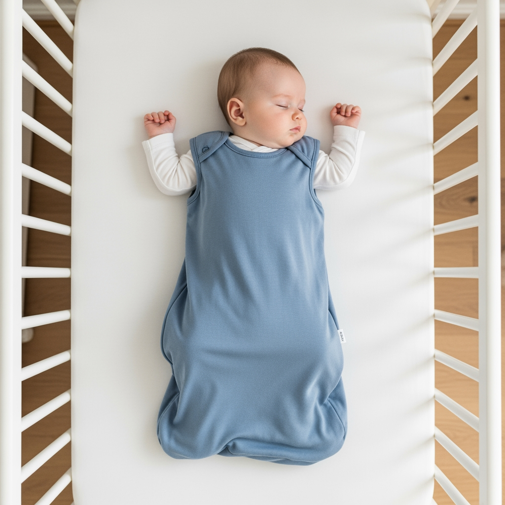 An overhead view of a baby sleeping safely on its back in a crib, wearing a lightweight sleep sack.