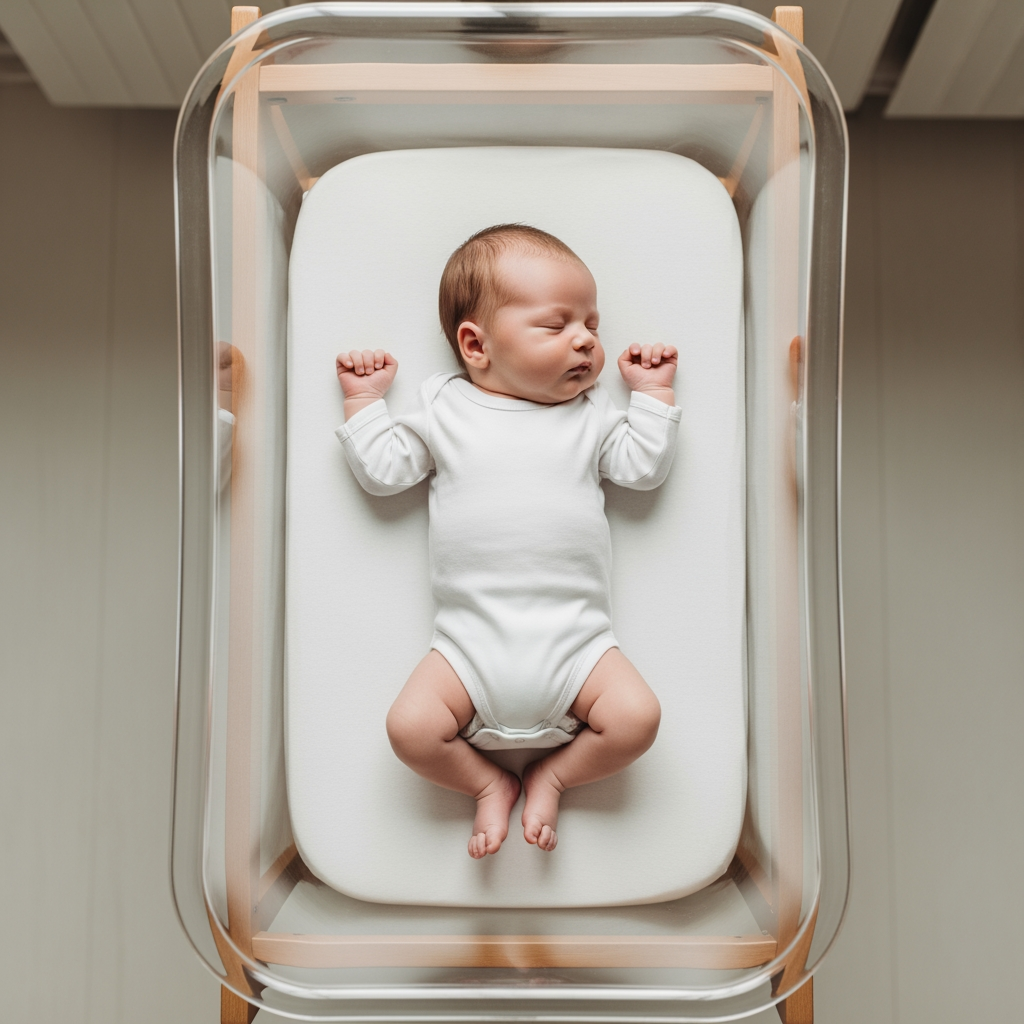 An overhead view of a baby sleeping safely on its back in the middle of an empty bassinet.