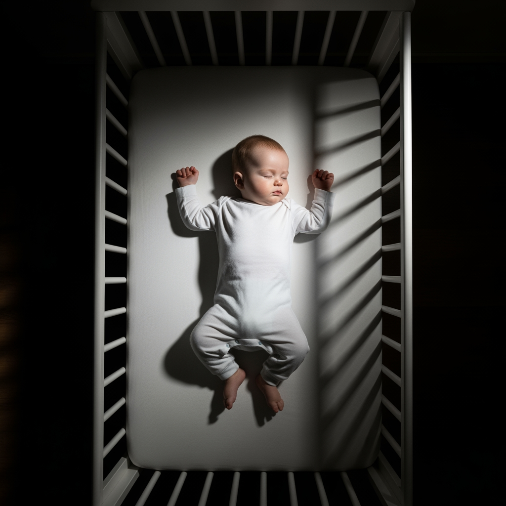 An overhead view of a baby sleeping soundly and peacefully in their crib in a dark room.