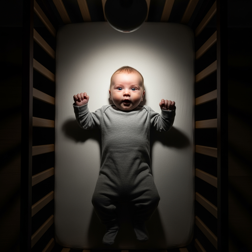 An overhead view of a baby wide awake in its crib at night, illustrating a false start bedtime.