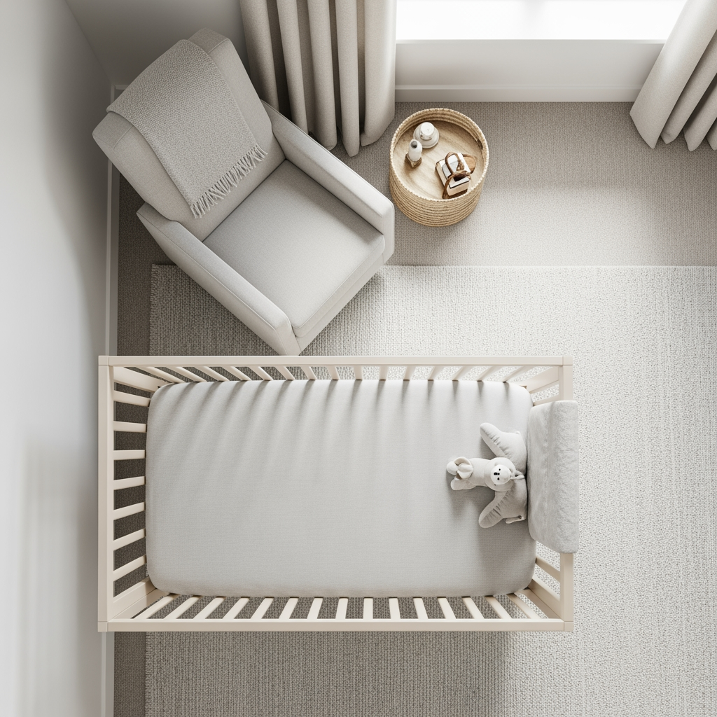 An overhead view of a calm and organized nursery with a crib and a chair, representing a prepared environment for gentle sleep training.