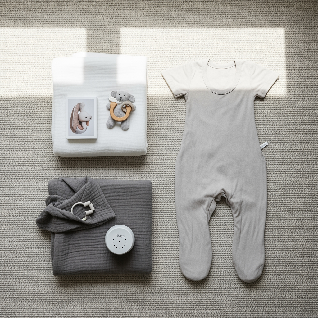 An overhead view of a neatly arranged collection of toddler sleep essentials, representing a sleep consulting package.
