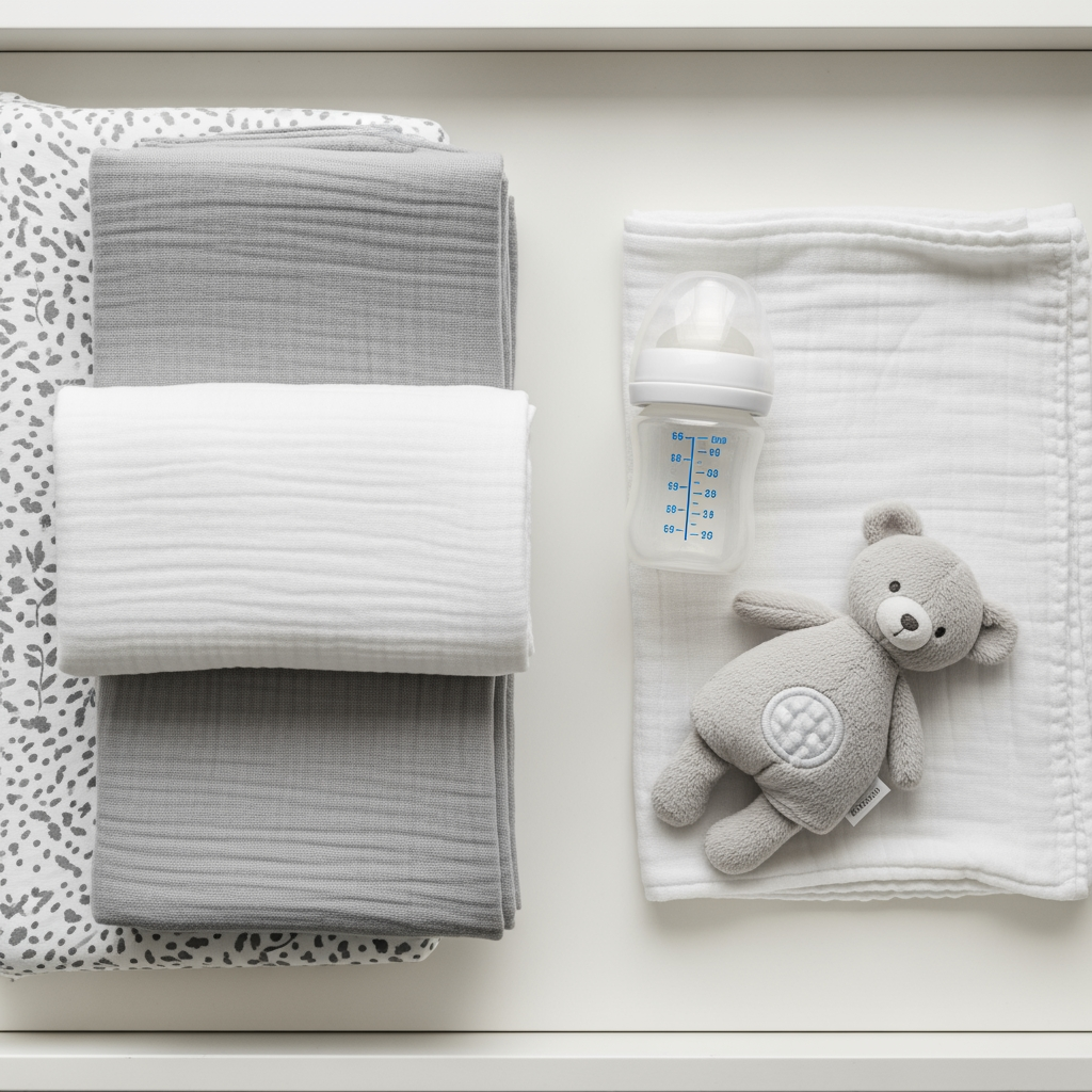 An overhead view of a neatly organized changing station with a stack of swaddles and a baby bottle, representing preparation and routine.