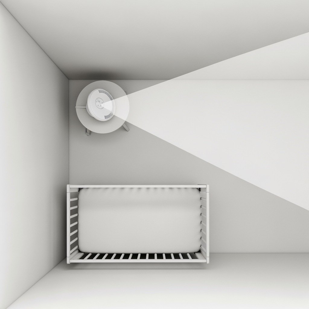 An overhead view of a nursery showing a white noise machine angled away from the crib to diffuse the sound.