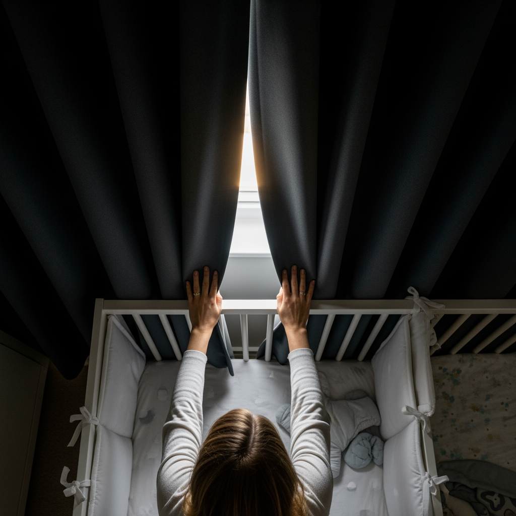 An overhead view of a pair of hands pulling a blackout curtain closed in a nursery, signifying a change in the schedule.