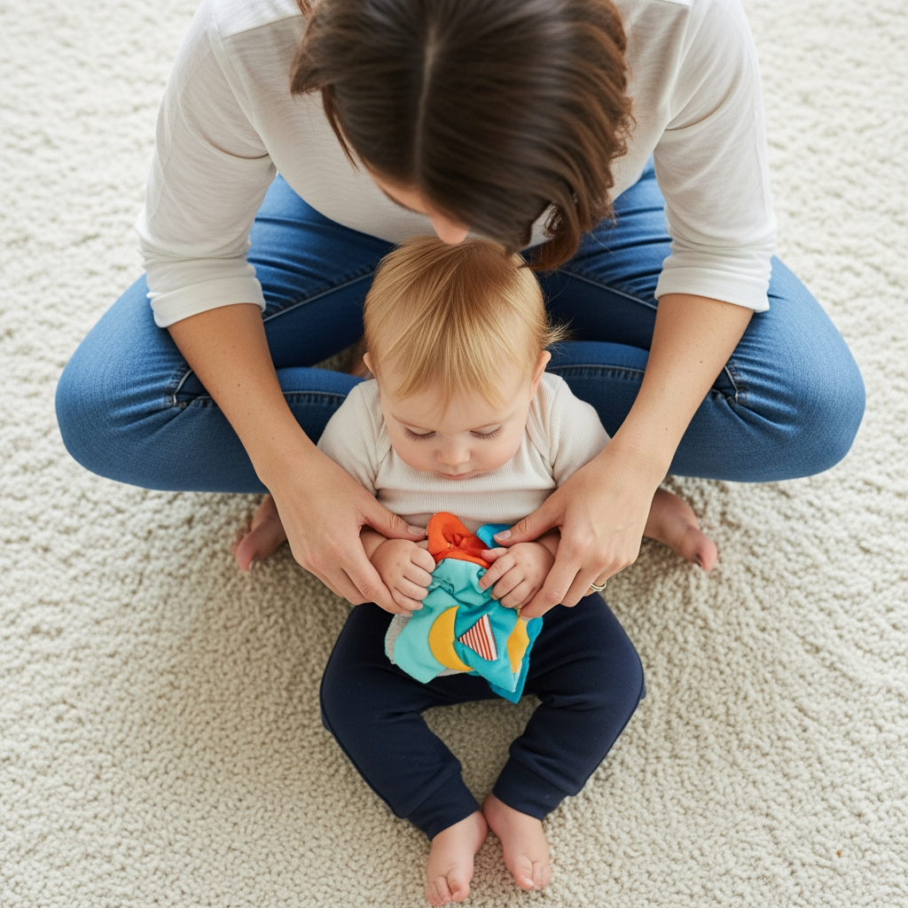 An overhead view of a parent and toddler engaged in a quiet sensory activity on a rug, part of a gentle nap transition.