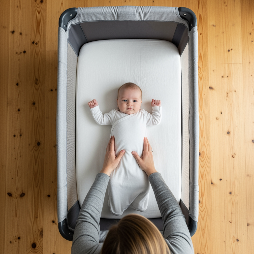 An overhead view of a parent placing a baby into a travel crib that is correctly empty of any loose bedding, pillows, or toys.