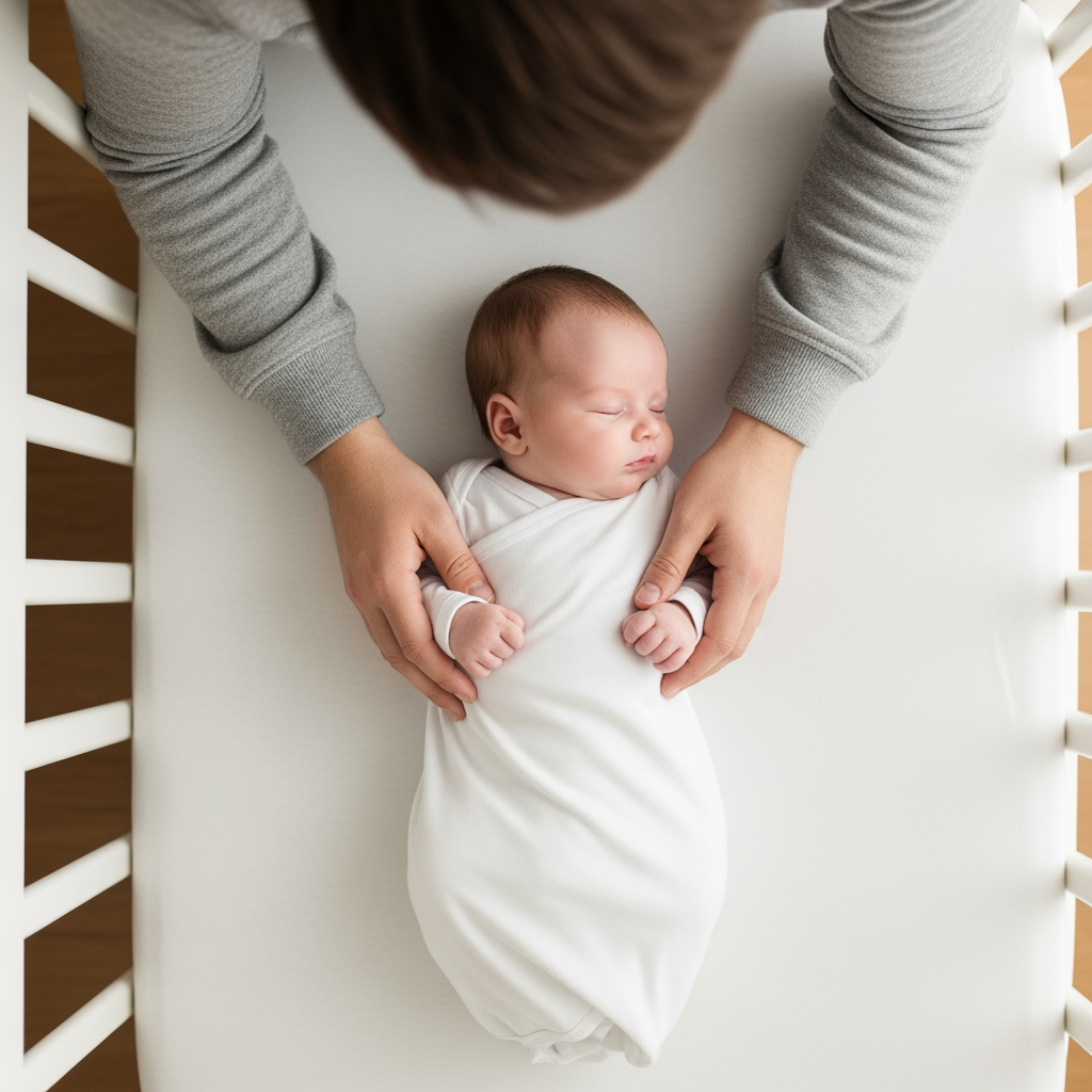An overhead view of a parent's hands gently placing a calm, drowsy baby into a crib.
