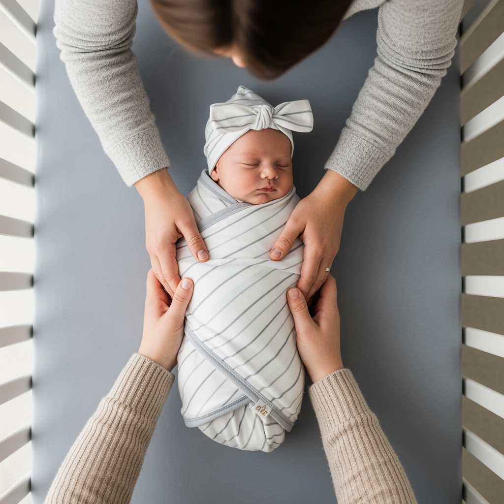 An overhead view of a parent's hands gently placing a swaddled baby into a crib.