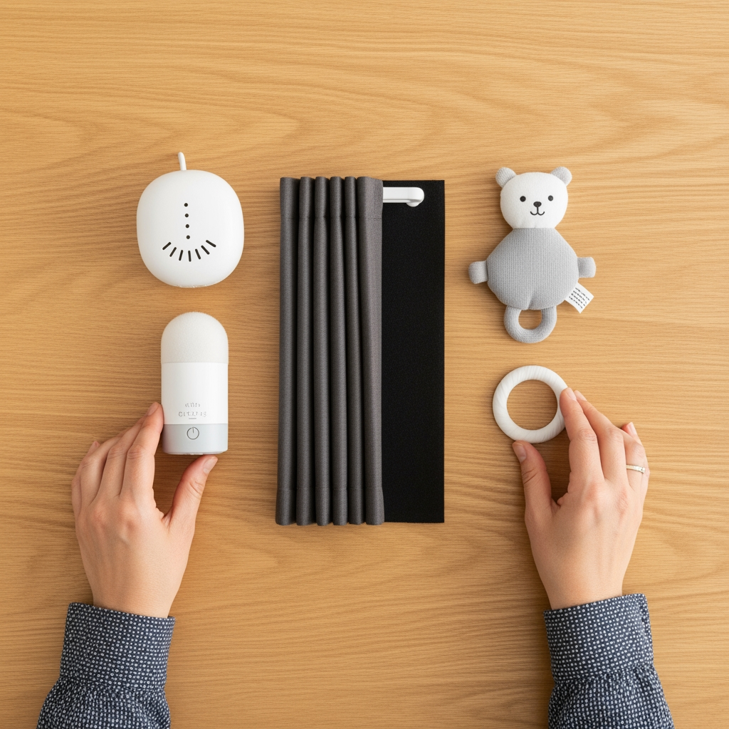 An overhead view of a parent's hands organizing sleep-related items like a sound machine and a blackout curtain.