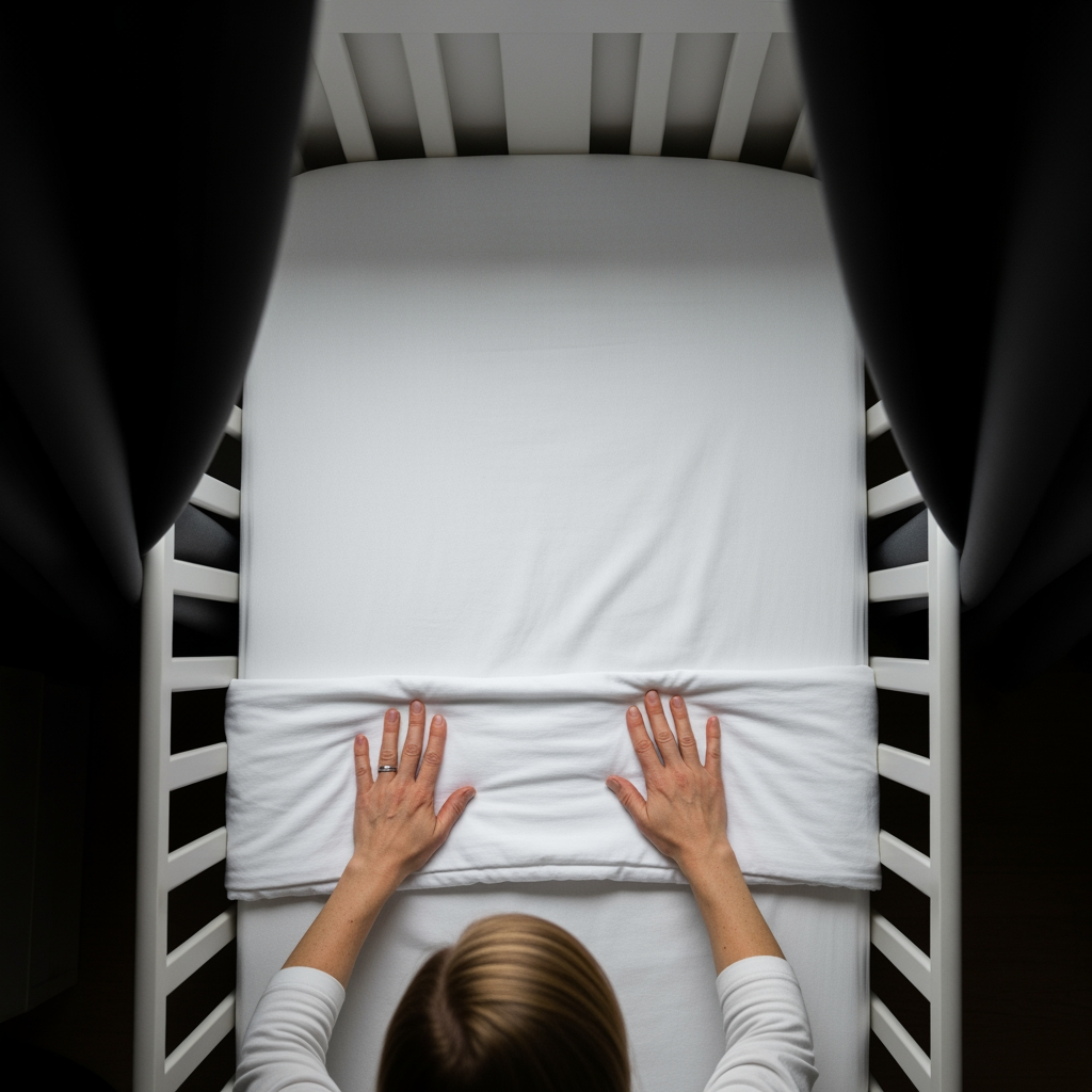 An overhead view of a parent's hands preparing an empty crib for a nap in a dimly lit nursery.