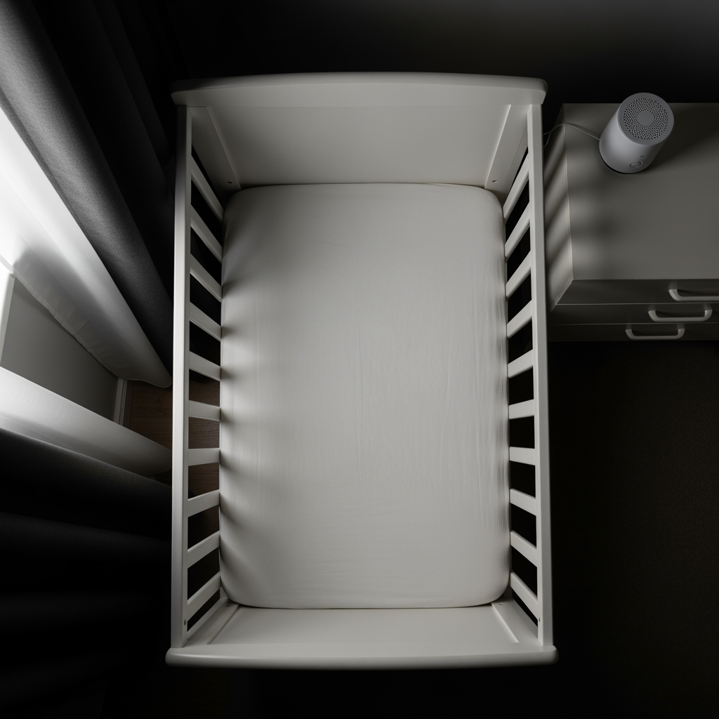 An overhead view of a perfectly prepared baby crib with a fitted sheet in a dim, quiet room, ready for a nap.