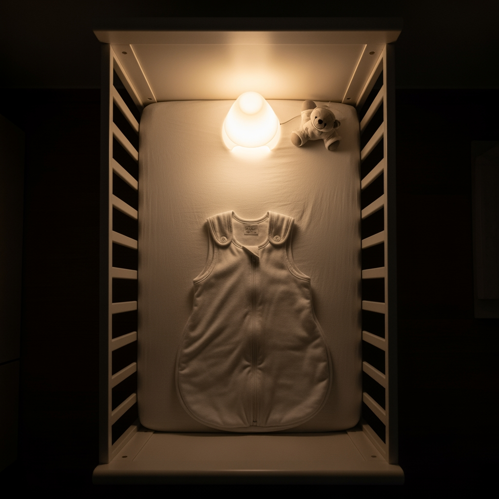 An overhead view of a perfectly prepared crib at night, symbolizing the next step towards better sleep.