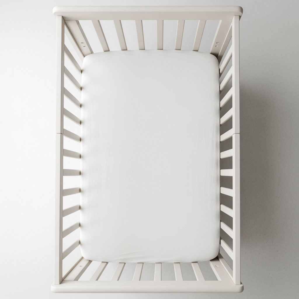 An overhead view of a safe, empty crib with a firm mattress and a fitted sheet, showing a proper infant sleep environment.