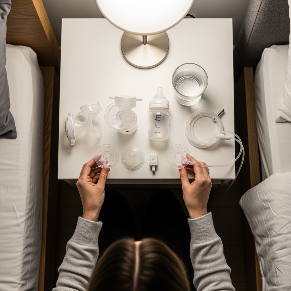 An overhead view of a woman's hands organizing breast pump parts on a wooden nightstand.