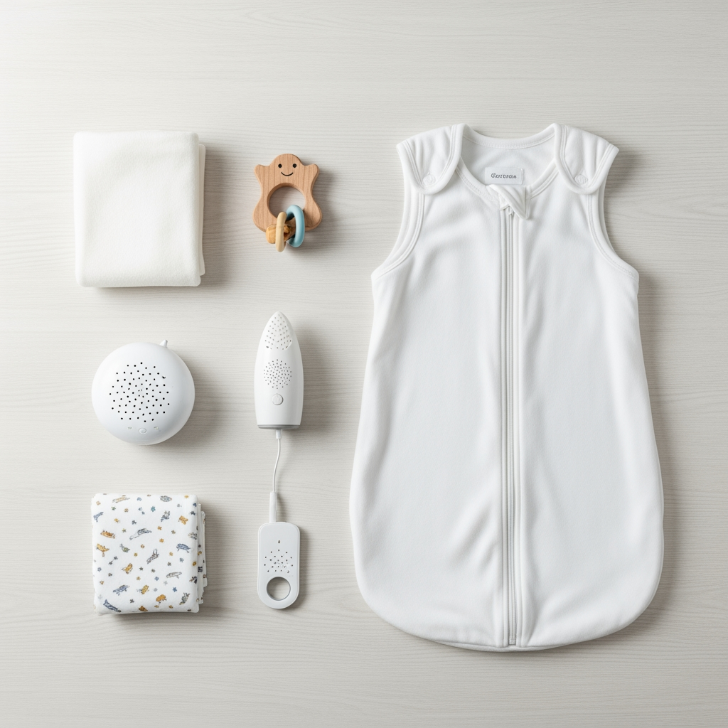 An overhead view of neatly arranged baby sleep items like a blanket and sleep sack, representing a checklist of course features to compare.