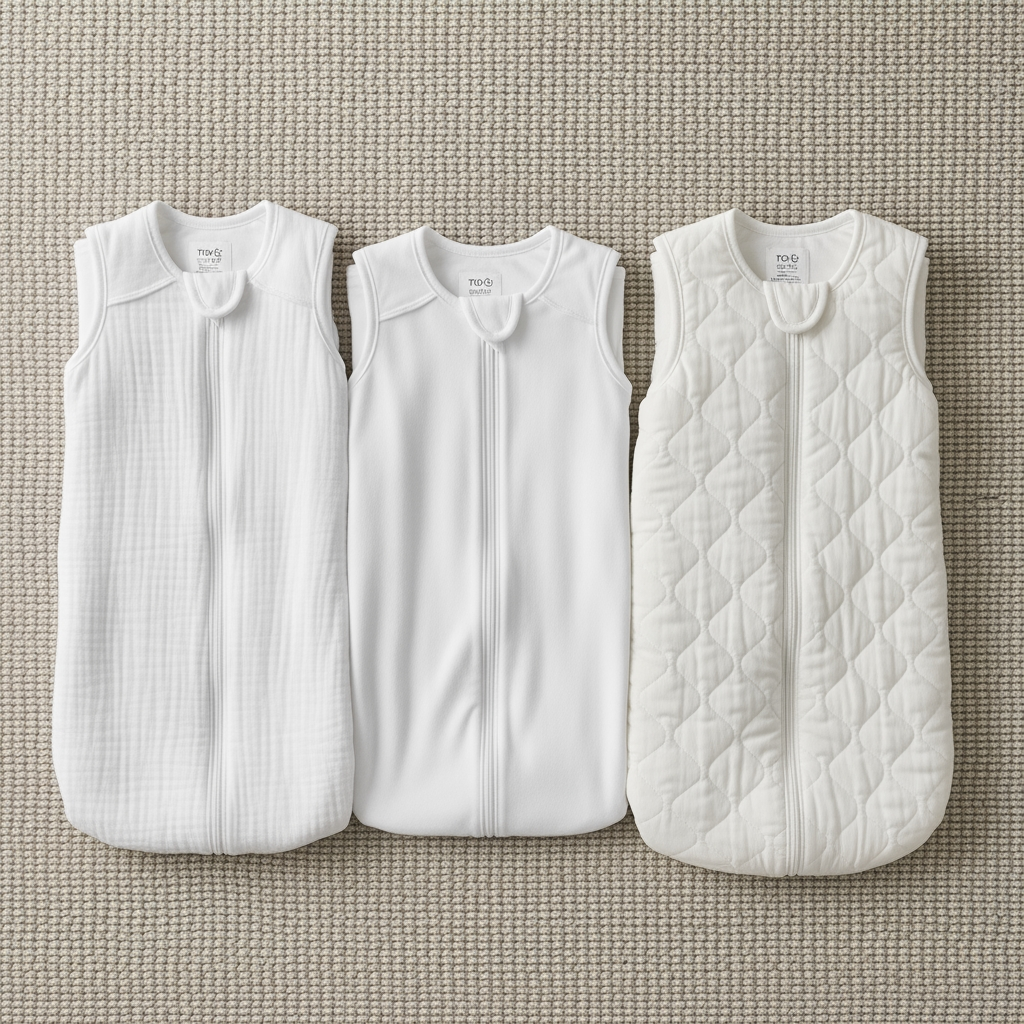 An overhead view of three different infant sleep sacks, showing varying materials and thicknesses from thin muslin to thick quilted cotton.